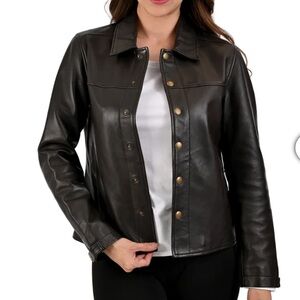 NWT Frye XXL Women's Fully lined Black Snap Front Lamb Leather Jacket w/ Pockets